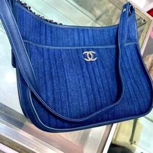 CHANEL Denim Quilted Jungle Stroll Hobo Blue